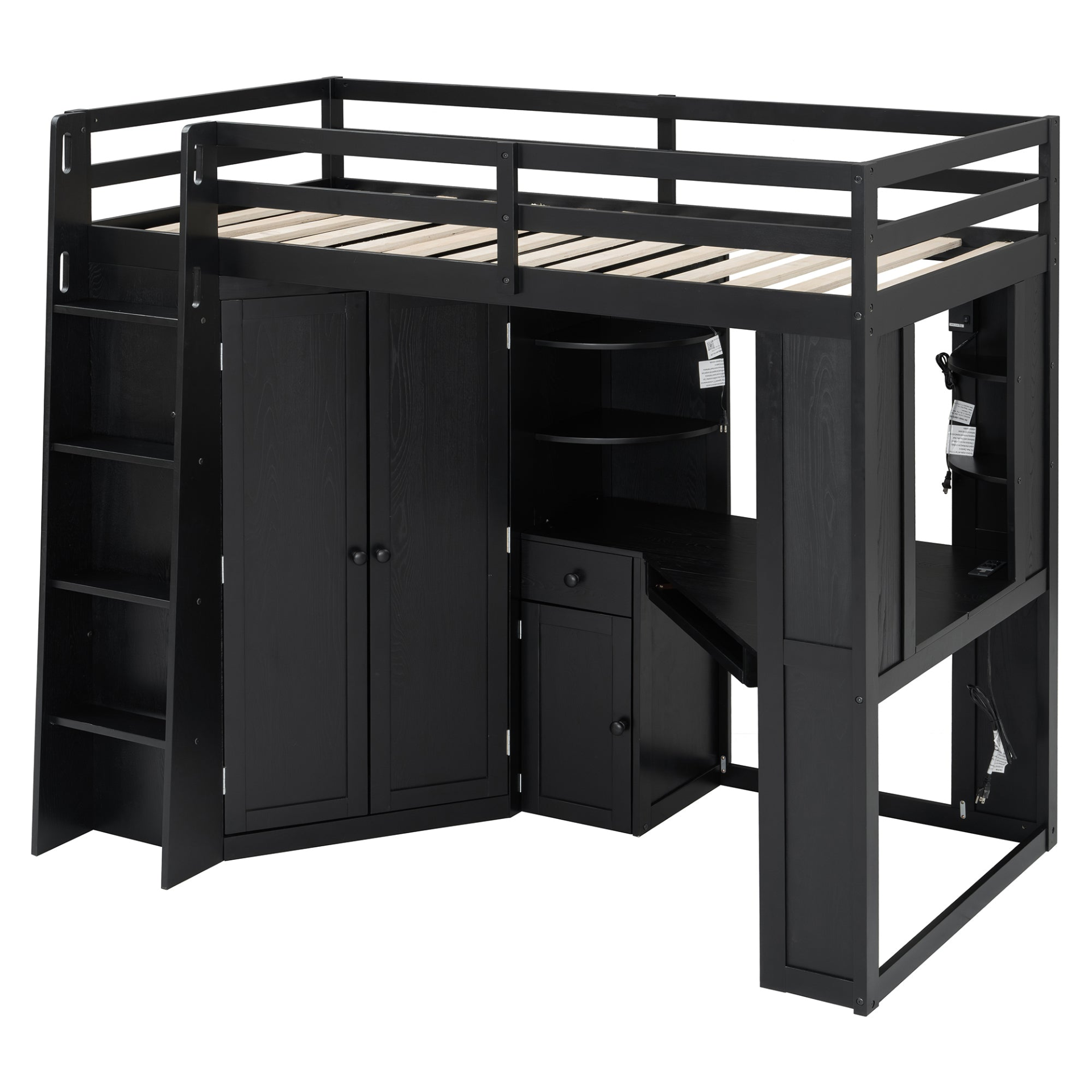 Twin size wooden loft bed by Start2Finish with built-in desk and wardrobe storage, ideal for bedroom or study space.