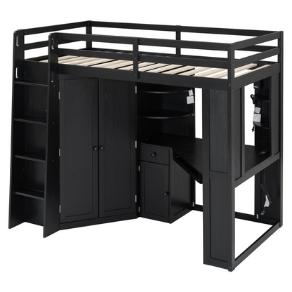 Twin size wooden loft bed by Start2Finish with built-in desk and wardrobe storage, ideal for bedroom or study space.