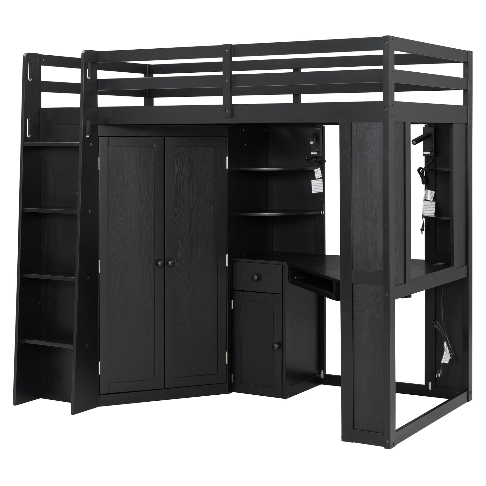 Twin size loft bed by Start2Finish with wood frame, built-in desk, and wardrobe storage for bedroom or study space.