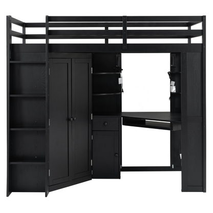Twin size wooden loft bed with built-in desk and wardrobe storage, ideal for bedroom or study space by Start2Finish