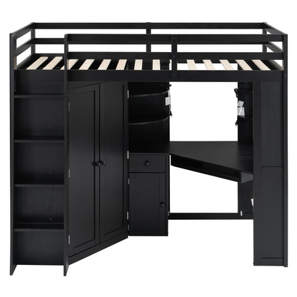 Twin size wooden loft bed with built-in desk and wardrobe storage, ideal for bedroom or study space by Start2Finish.
