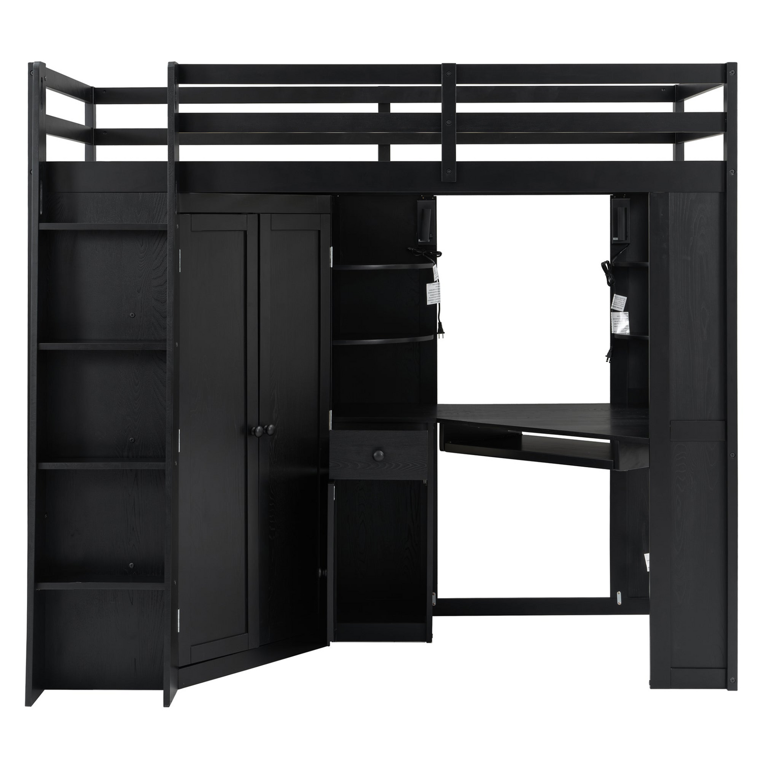 Twin size loft bed by Start2Finish with wood frame, built-in desk, and wardrobe storage for bedroom or study space.