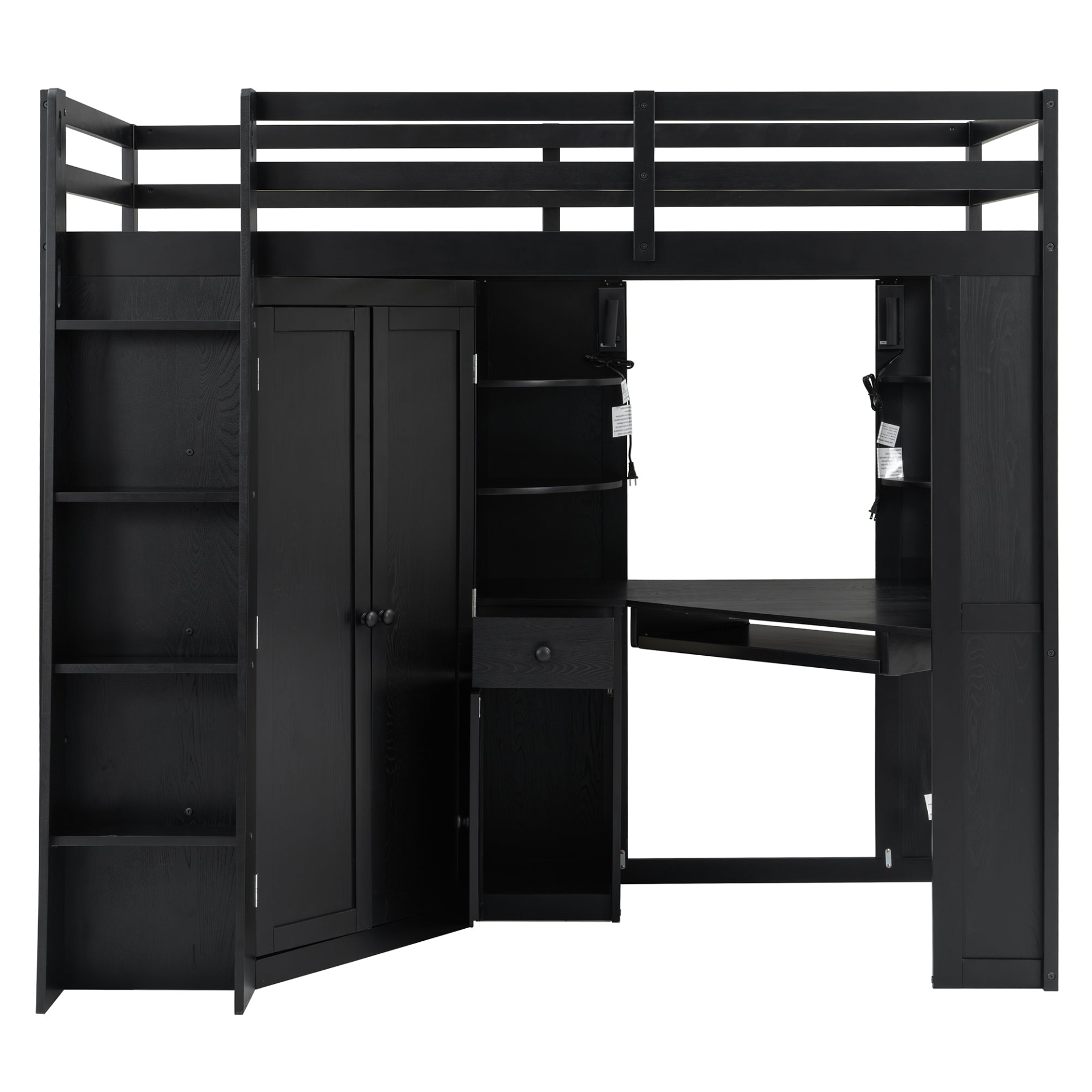 Twin size loft bed by Start2Finish with wood frame, built-in desk, and wardrobe storage for bedroom or study space.