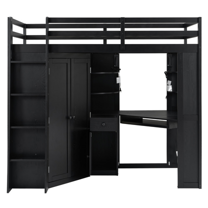 Twin size loft bed by Start2Finish with wood frame, built-in desk, and wardrobe storage for bedroom or study space.
