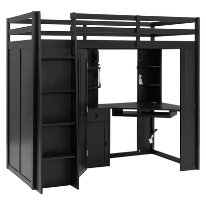 Twin size wooden loft bed by Start2Finish with built-in desk and wardrobe storage, ideal for bedrooms or study spaces.