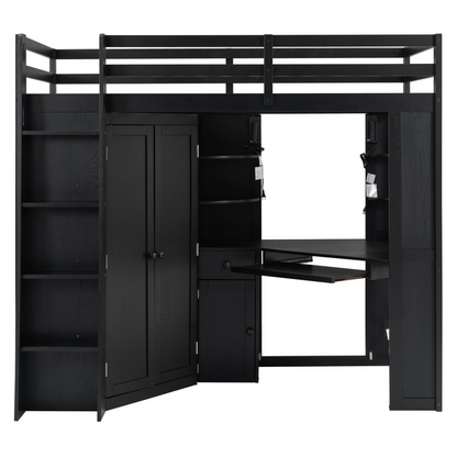 Twin size loft bed by Start2Finish with wood finish, built-in desk, and wardrobe storage for bedroom or study space.