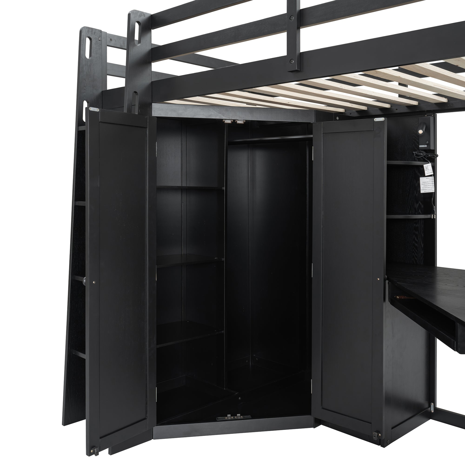 Twin size wooden loft bed by Start2Finish with built-in desk and wardrobe storage for bedroom or study space.