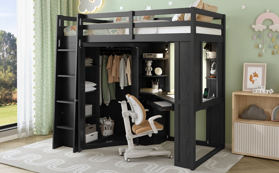 Twin size wood loft bed by Start2Finish with built-in desk and wardrobe storage, ideal for bedroom or study space.