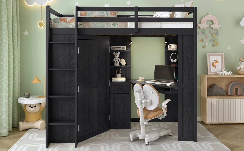 Twin size wooden loft bed with built-in desk and wardrobe storage, ideal for bedroom or study space by Start2Finish