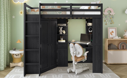 Twin size wooden loft bed with built-in desk and wardrobe storage, ideal for bedroom or study space by Start2Finish
