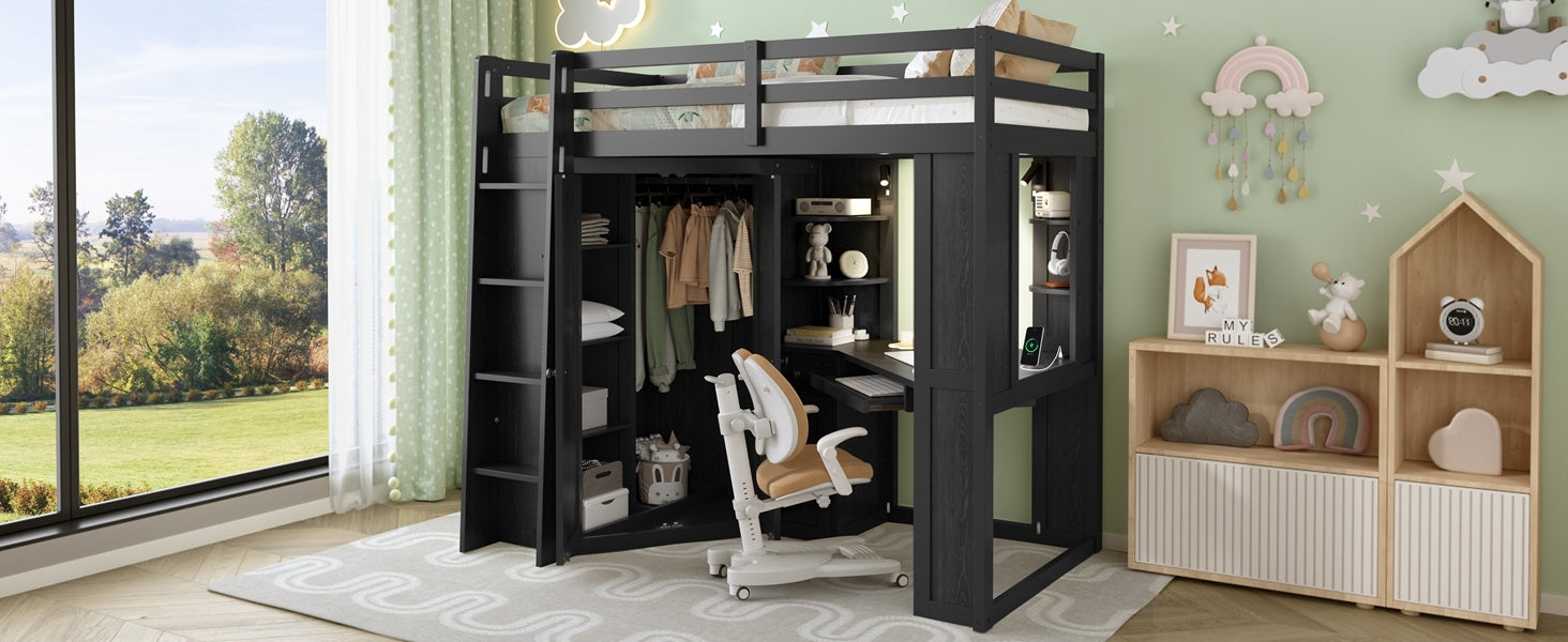 Twin size wooden loft bed with integrated wardrobe, built-in desk, and study space by Start2Finish in a bedroom or study area.