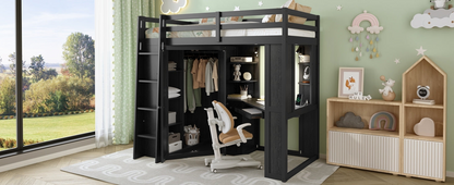 Twin size wooden loft bed with integrated wardrobe, built-in desk, and study space by Start2Finish in a bedroom or study area.