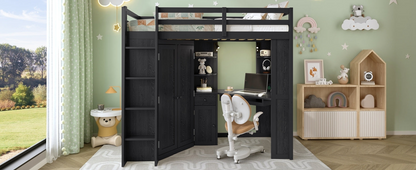 Twin size wooden loft bed by Start2Finish with integrated wardrobe storage and built-in desk for bedroom or study space.
