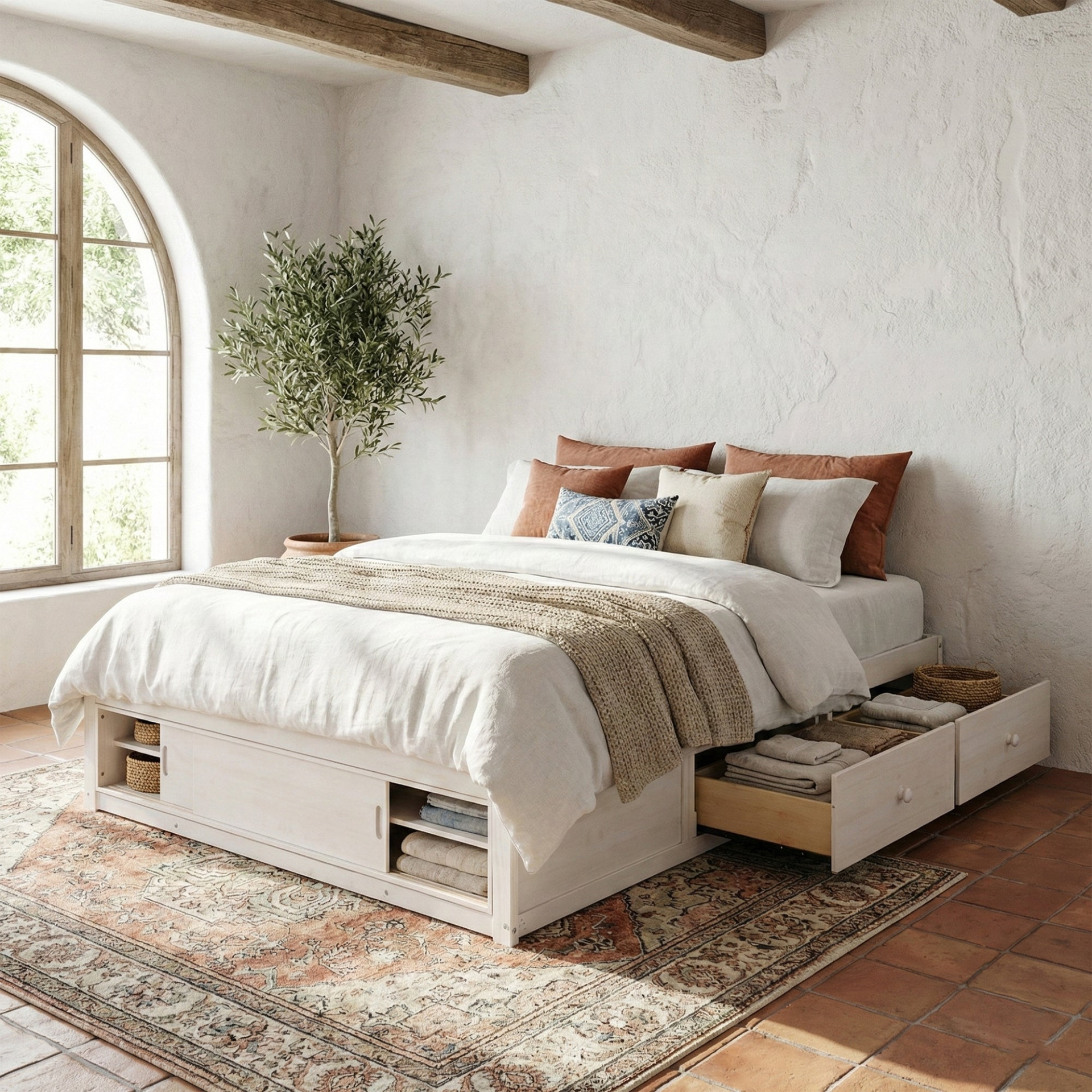 Start2Finish platform bed frame with solid wood and MDF, featuring four storage drawers, footboard cubby, and headboard for bedroom use.