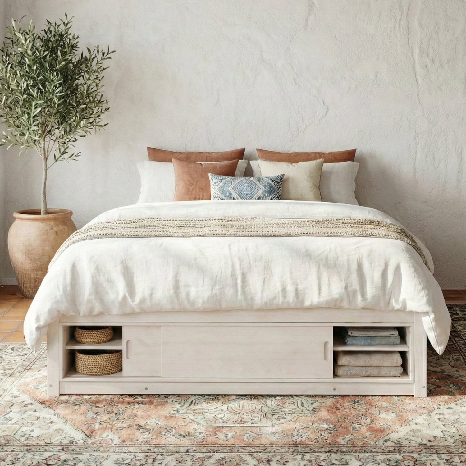 Solid wood platform bed frame with four storage drawers, cubby footboard, and headboard, ideal for bedroom or guest room.