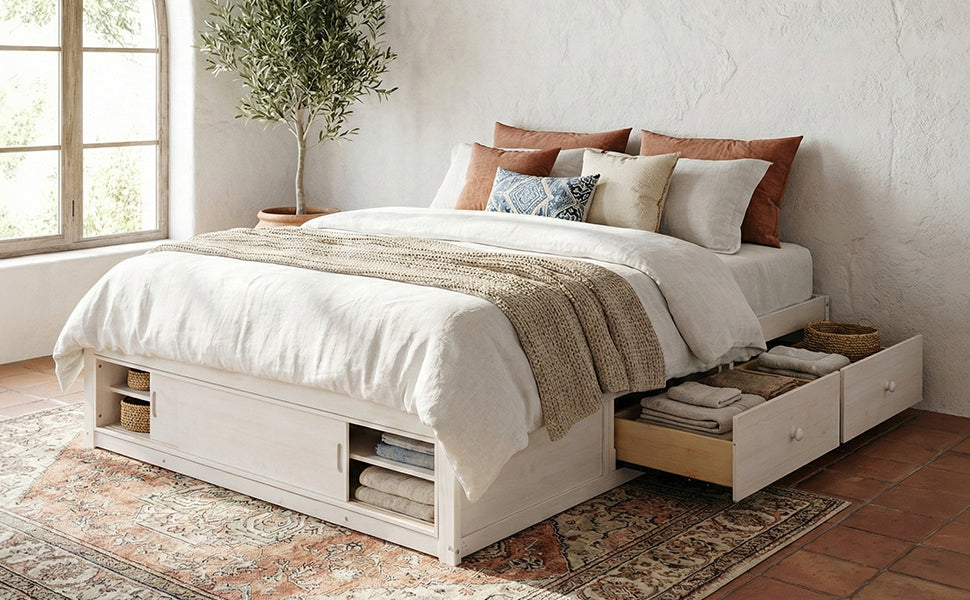 Start2Finish platform bed frame with solid wood and MDF, featuring four storage drawers, cubby footboard, and headboard for bedroom.