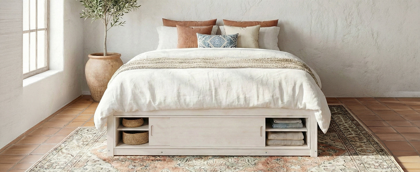 Solid wood platform bed frame with four storage drawers, headboard, footboard cubby, and MDF accents for bedroom or guest room.