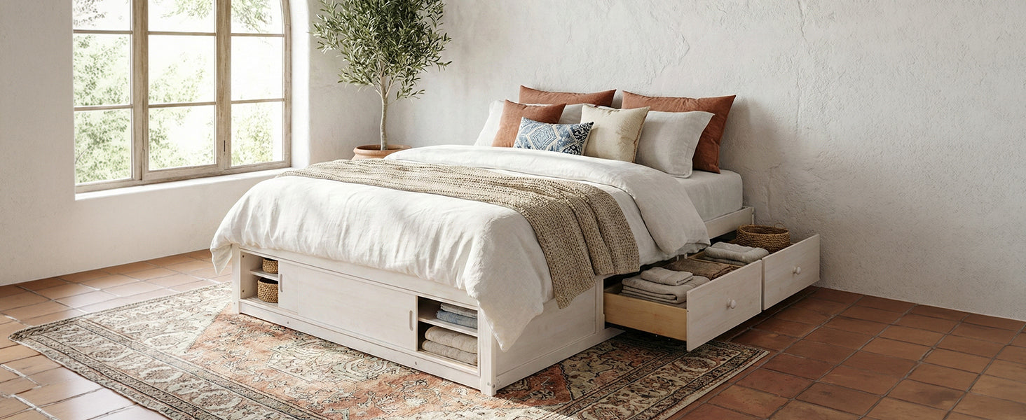 Solid wood platform bed frame with four storage drawers, footboard cubby, and headboard, ideal for bedroom or guest room.