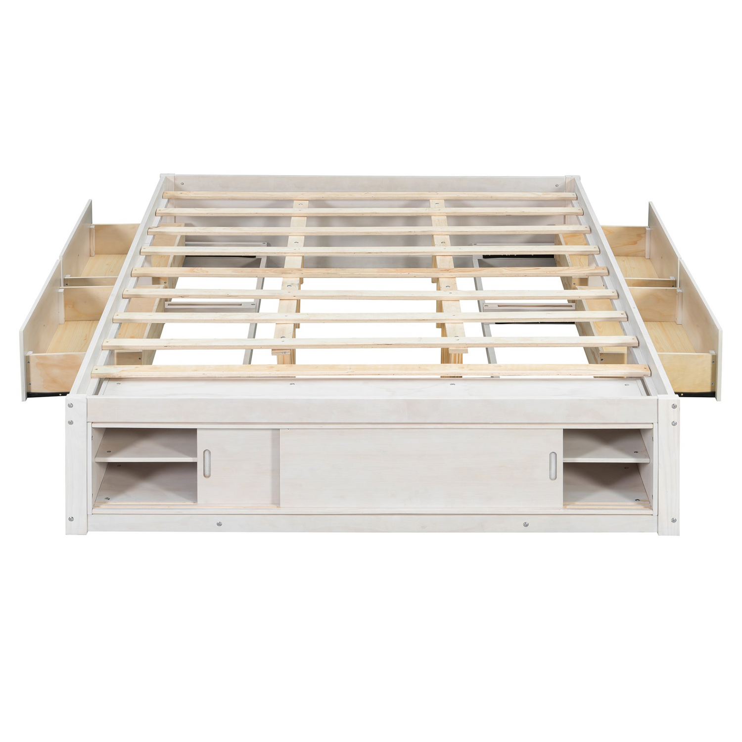 Solid wood platform bed frame with four storage drawers, footboard cubby, and headboard for bedroom or guest room use.