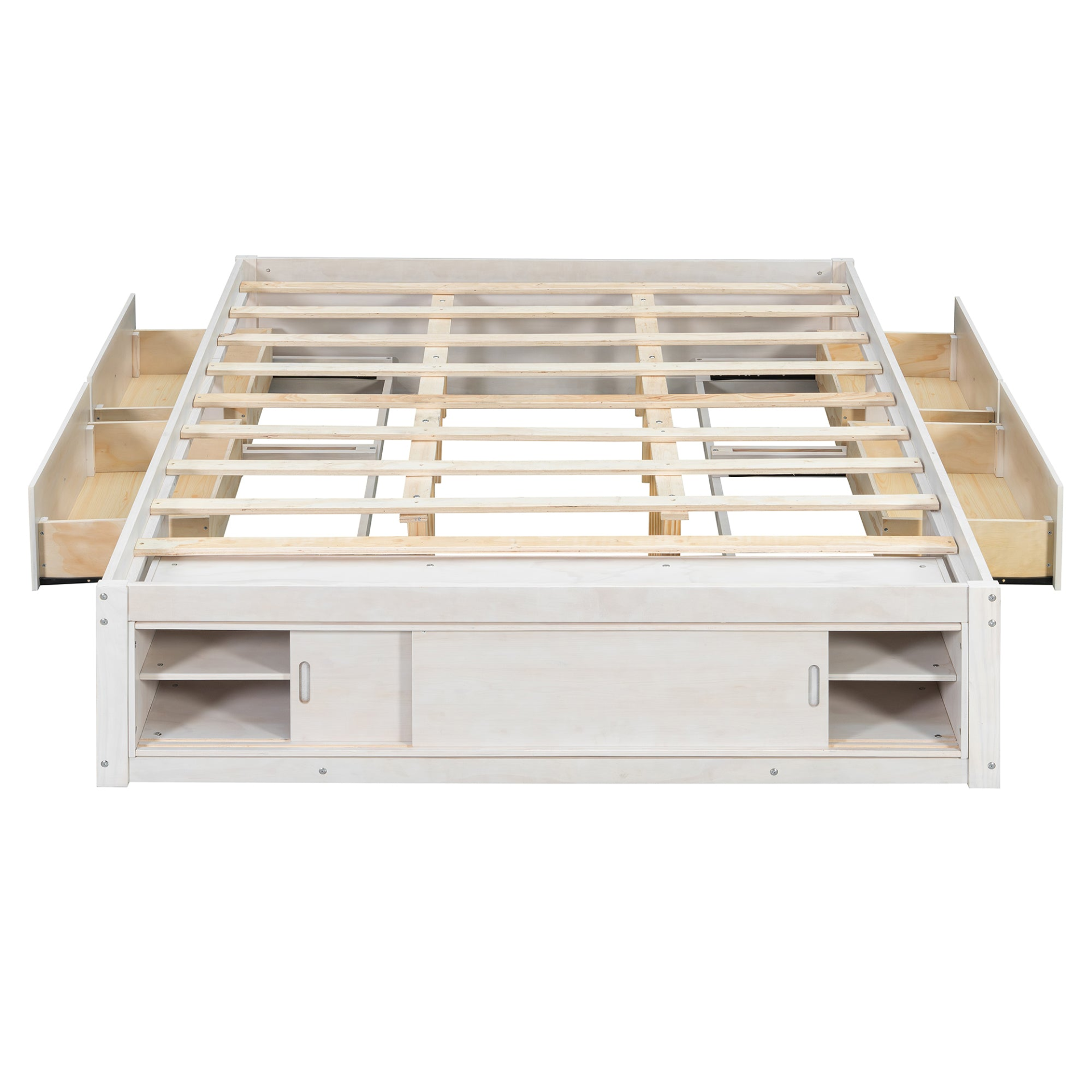 Solid wood platform bed frame with four storage drawers, footboard cubby, and headboard for bedroom or guest room use.