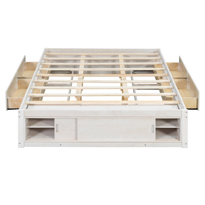 Solid wood platform bed frame with four storage drawers, footboard cubby, and headboard for bedroom or guest room use.