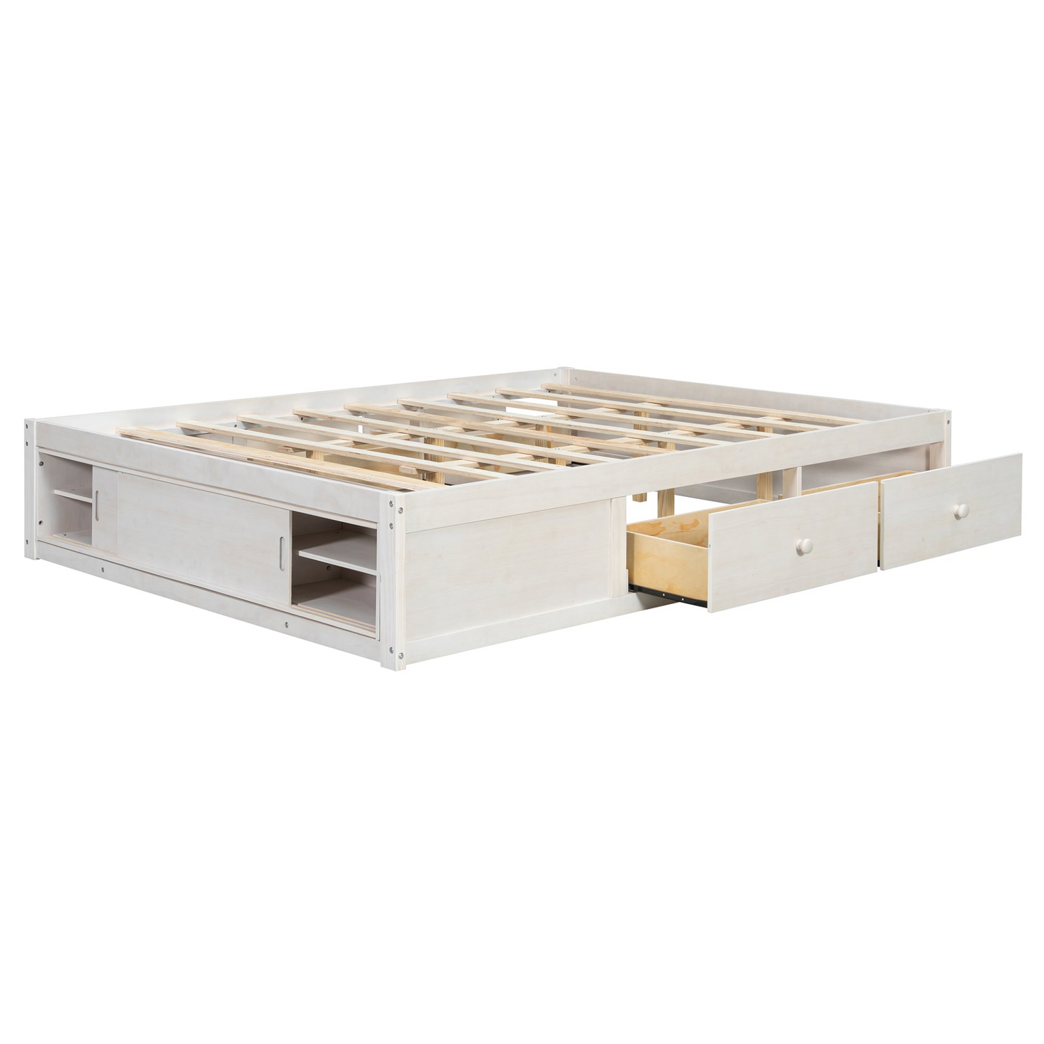 Solid wood and MDF platform bed frame with storage drawers, cubby footboard, and headboard, ideal for bedroom or guest room decor.