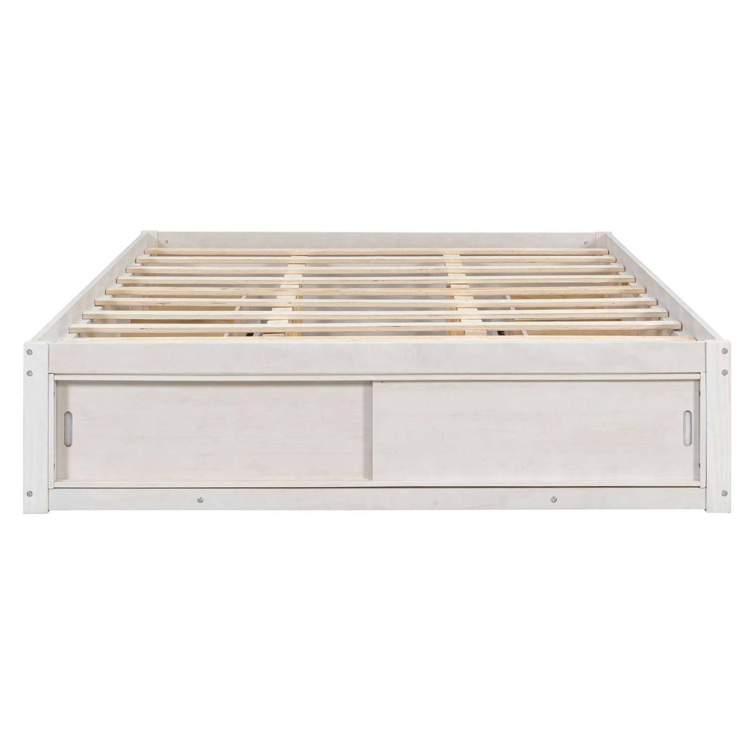 Start2Finish platform bed frame with solid wood and MDF, featuring four storage drawers, footboard cubby, and headboard for bedroom.