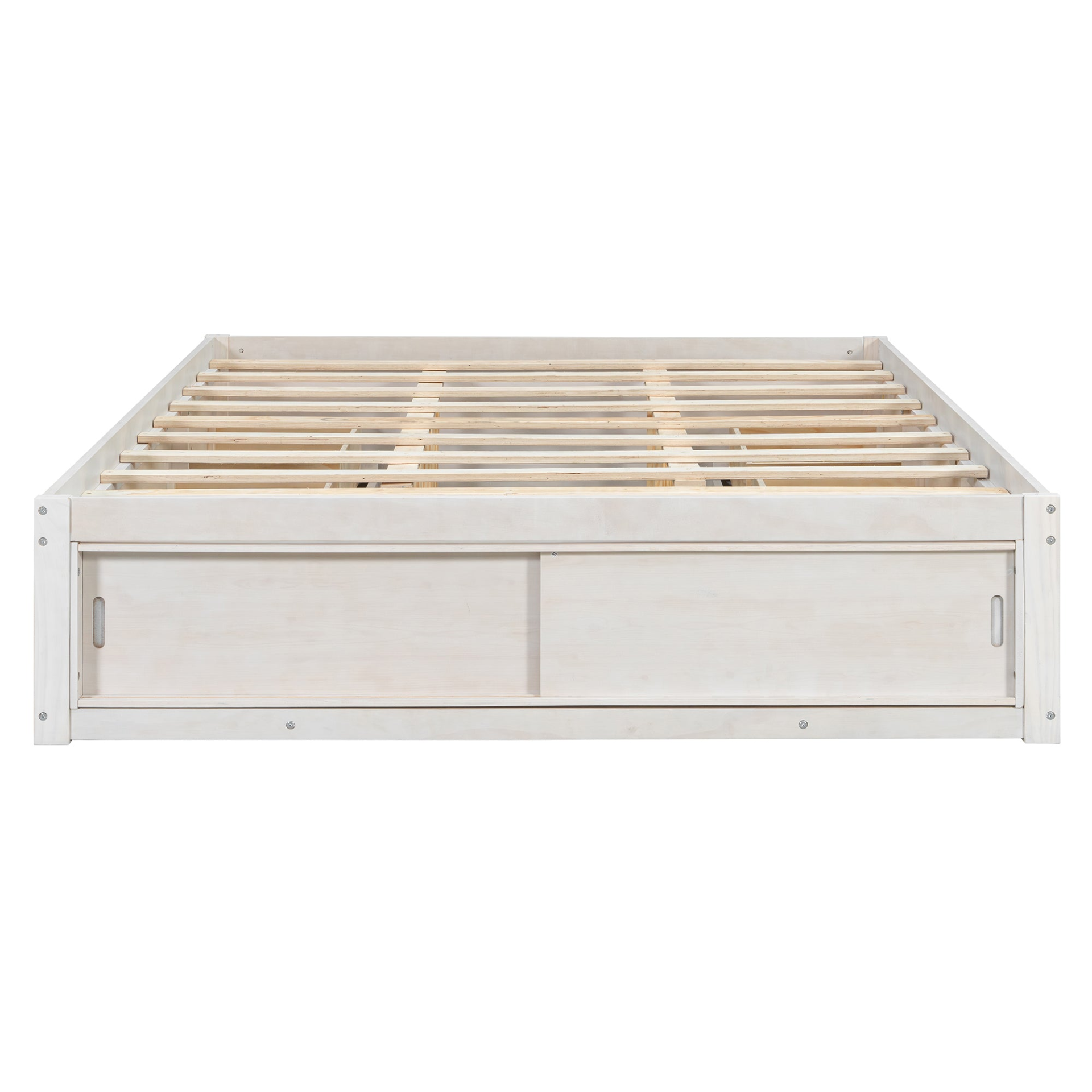 Start2Finish platform bed frame with solid wood and MDF, featuring four storage drawers, footboard cubby, and headboard for bedroom.