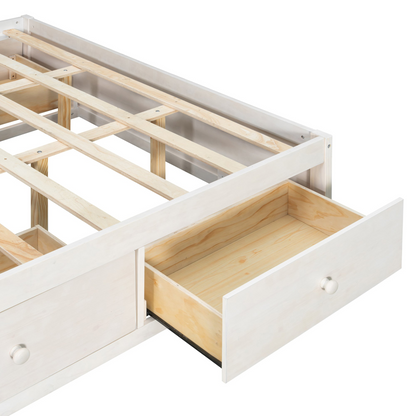 Start2Finish platform bed frame with solid wood and MDF, featuring four storage drawers, footboard cubby, and headboard for bedroom use.