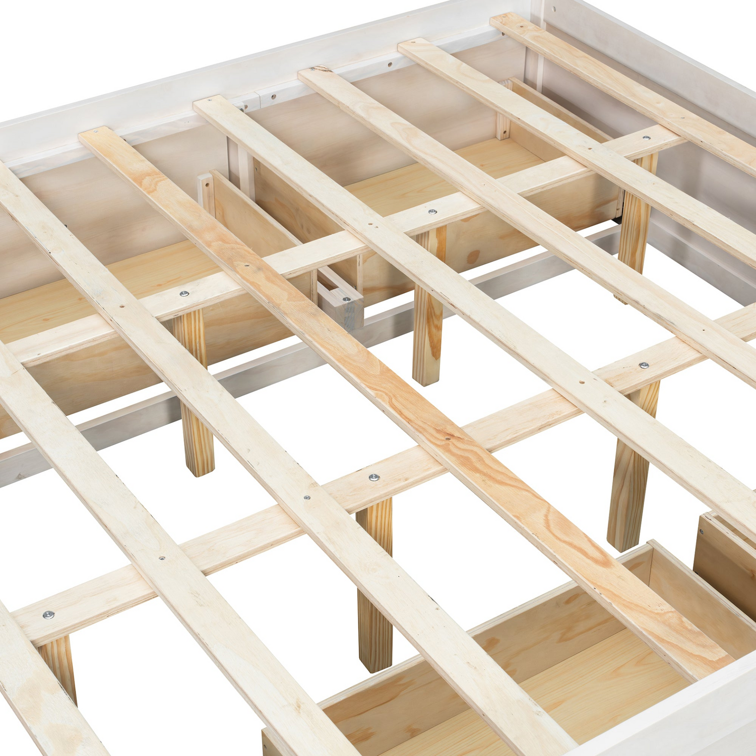 Solid wood platform bed frame with four storage drawers, footboard cubby, and headboard, ideal for bedroom or guest room.