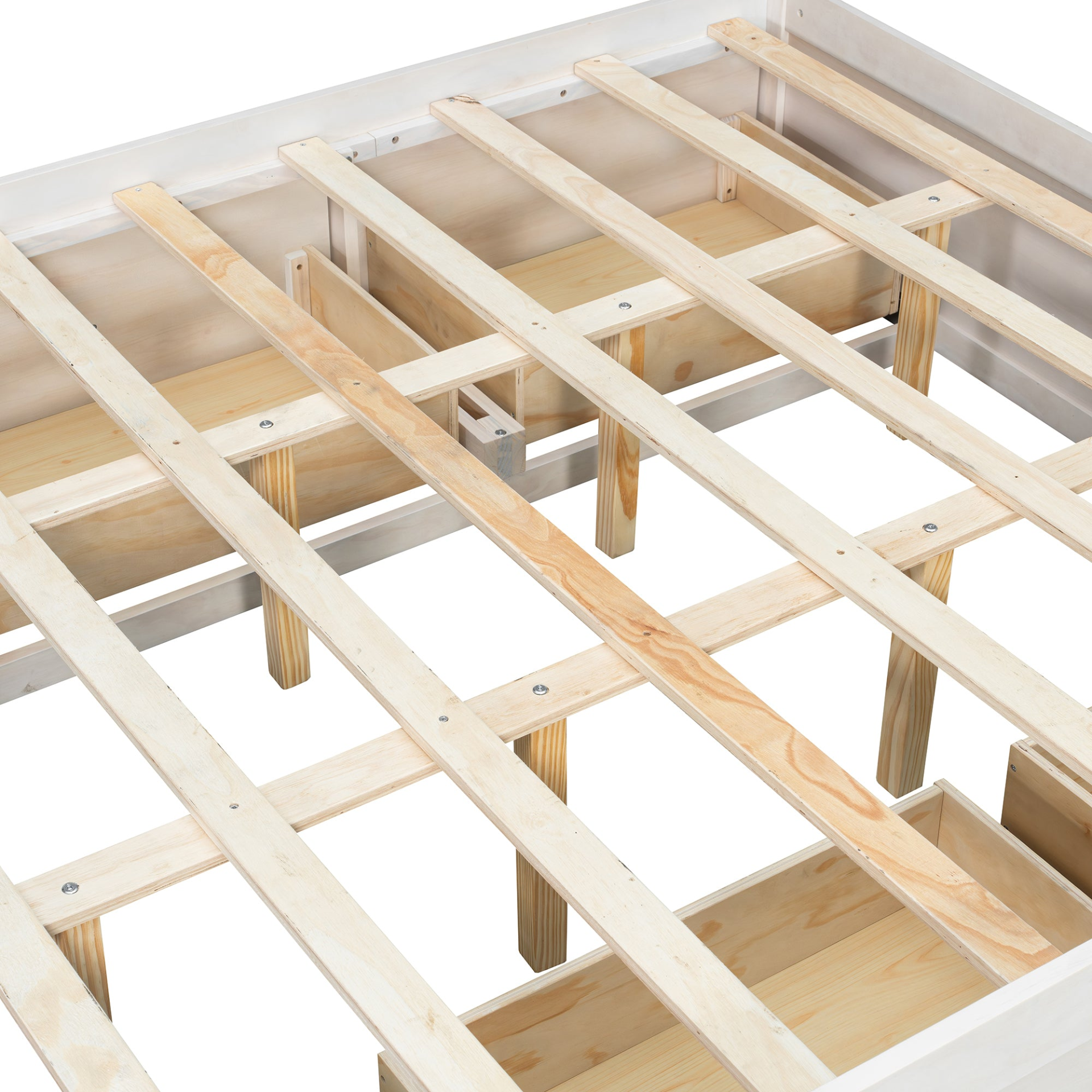 Solid wood platform bed frame with four storage drawers, footboard cubby, and headboard, ideal for bedroom or guest room.
