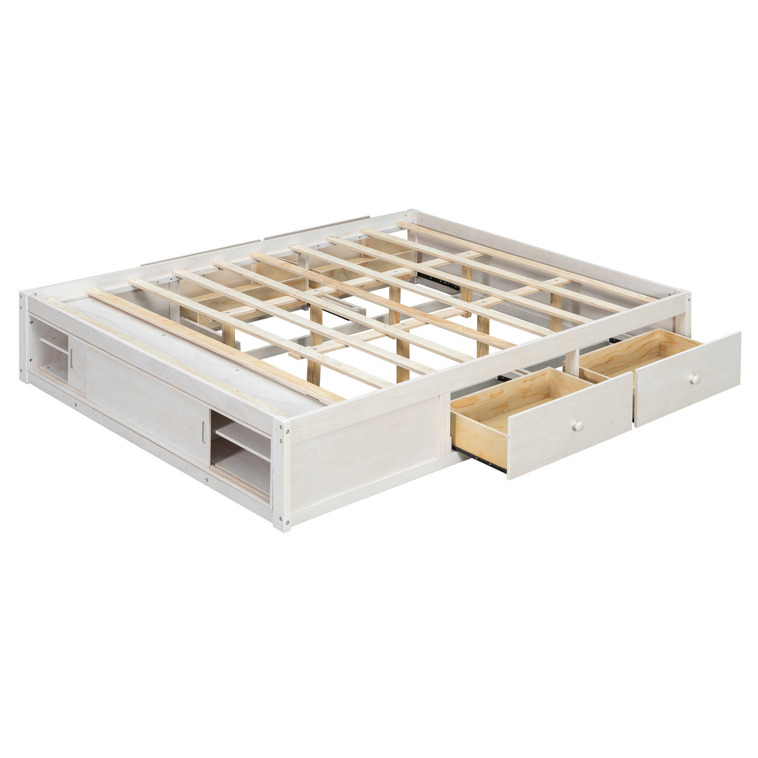 Solid wood and MDF platform bed frame with four storage drawers, footboard cubby, and upholstered headboard for bedroom decor.