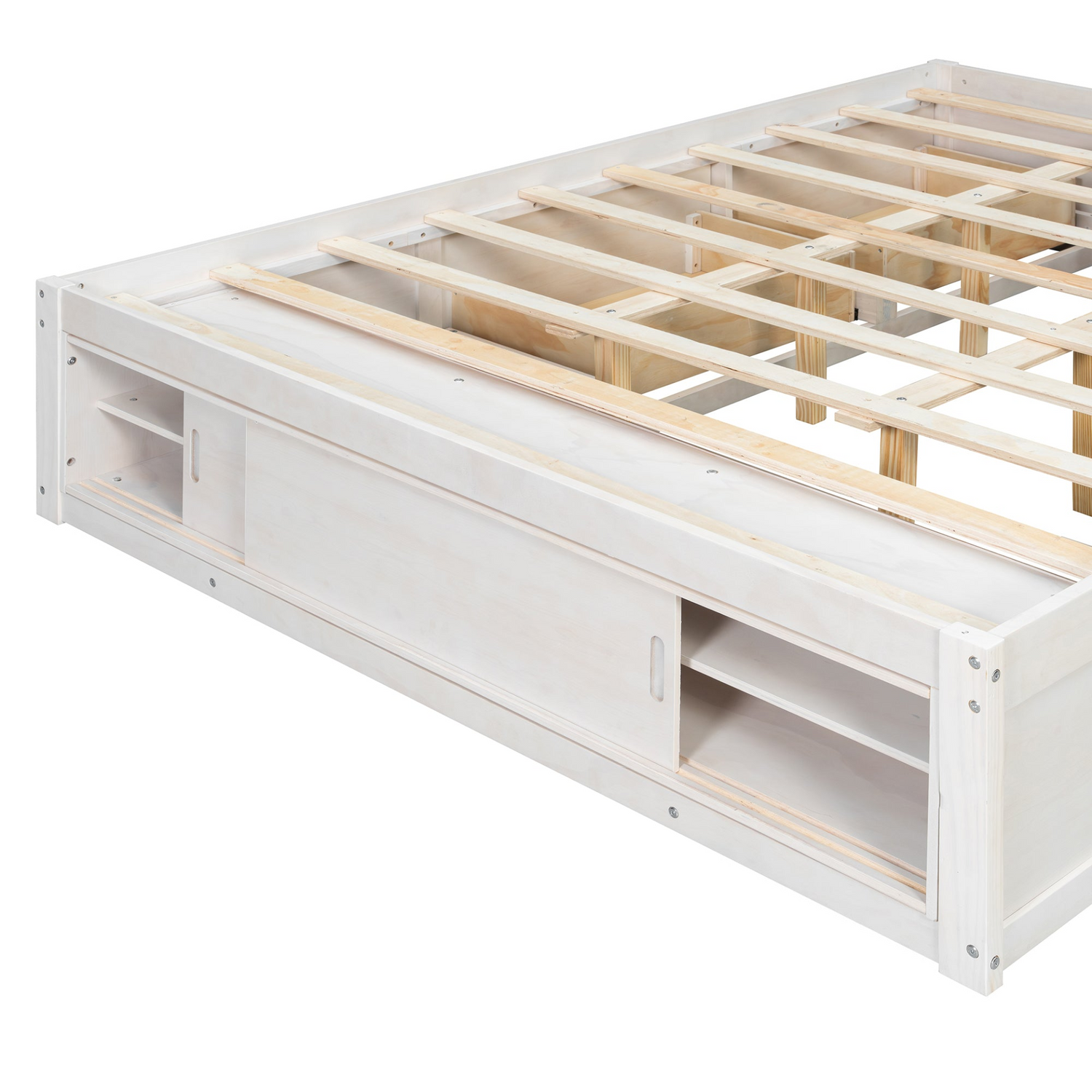 Solid wood and MDF platform bed frame with four storage drawers, footboard cubby, and headboard, ideal for bedroom or guest room.