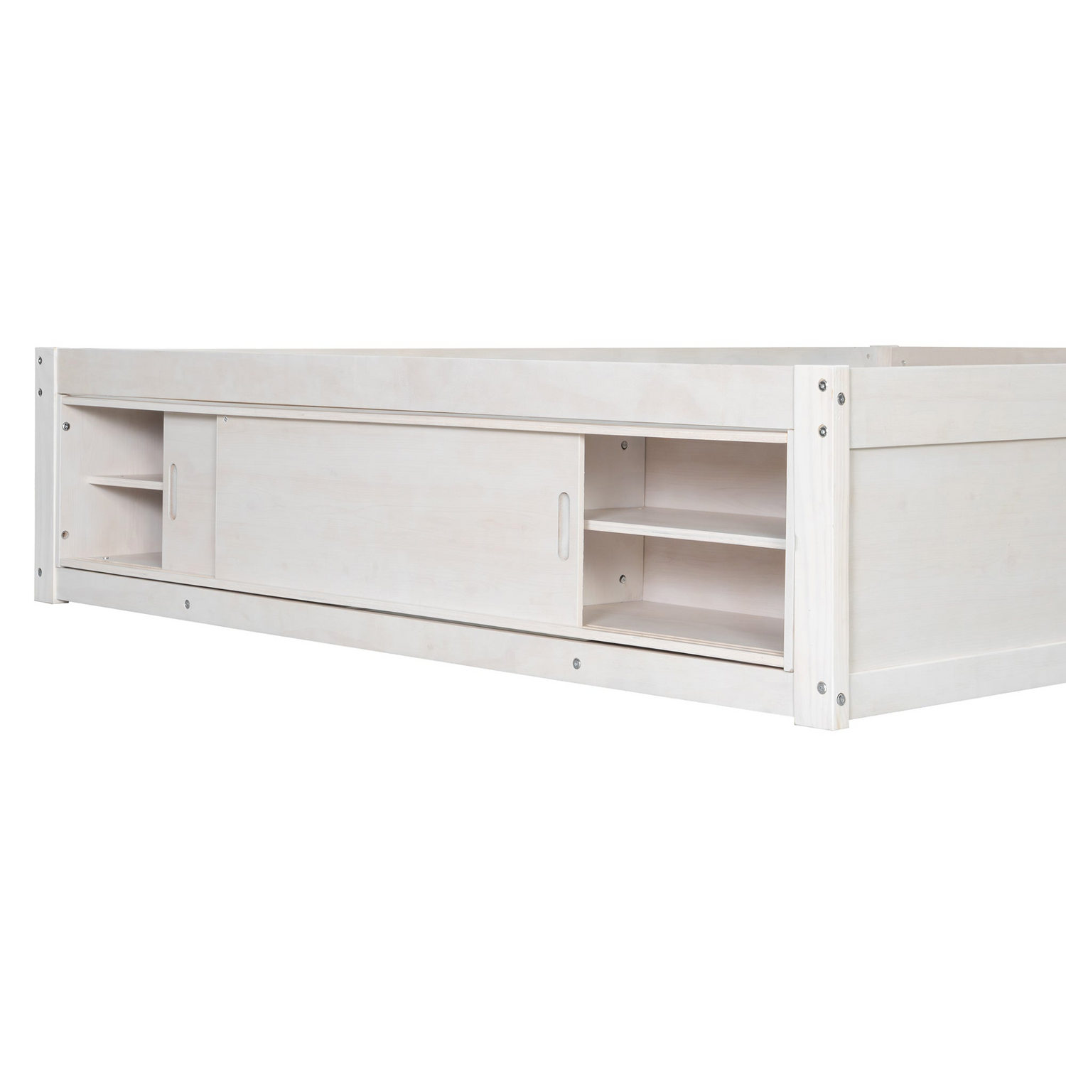 Solid wood platform bed frame by Start2Finish with four storage drawers, footboard cubby, and headboard for bedroom or guest room.
