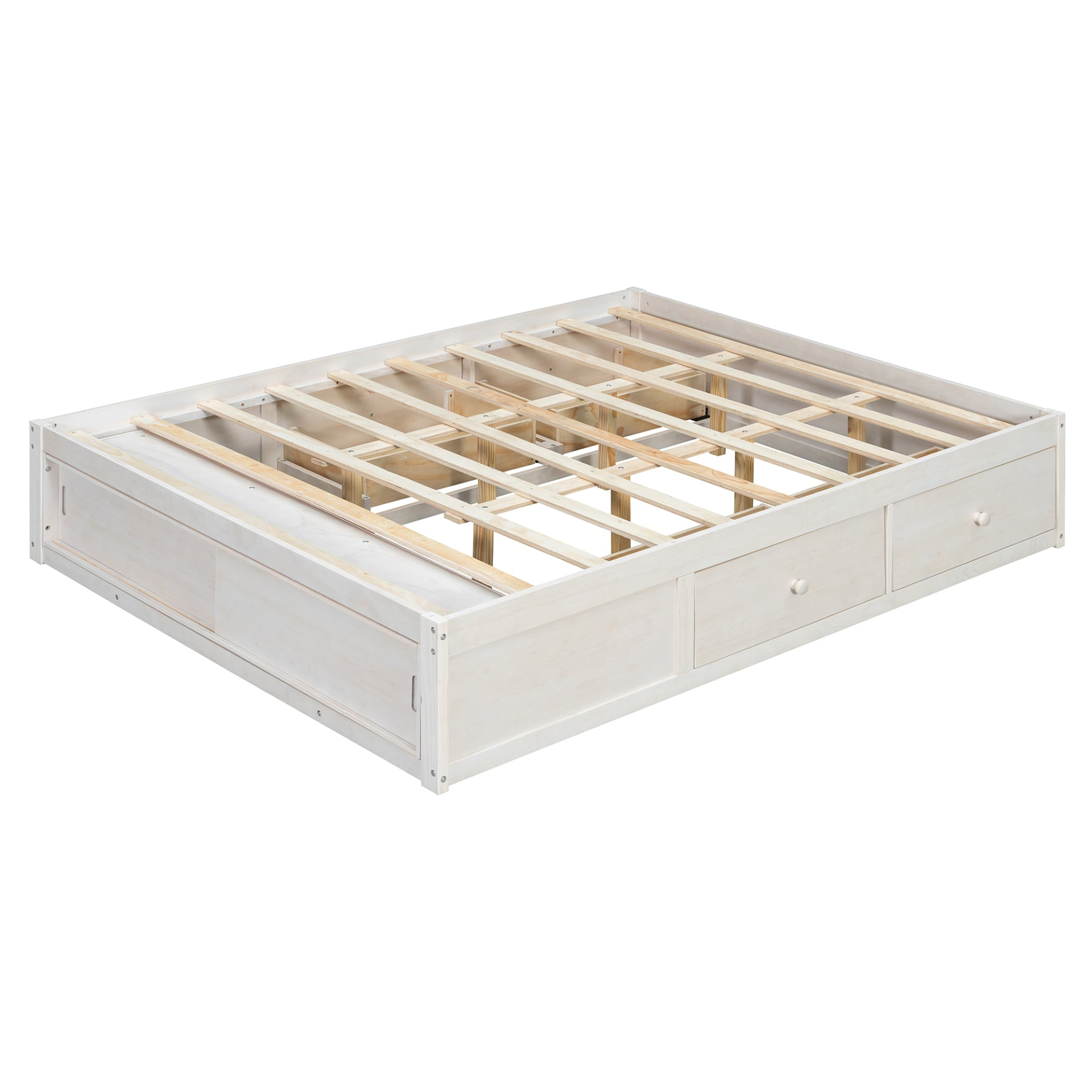 Solid wood platform bed frame with four storage drawers, footboard cubby, and headboard for bedroom or guest room furniture.