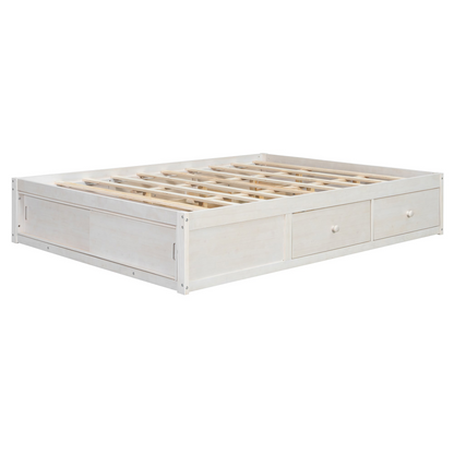Solid wood platform bed frame with four storage drawers, footboard cubby, and headboard, ideal for bedroom or guest room.