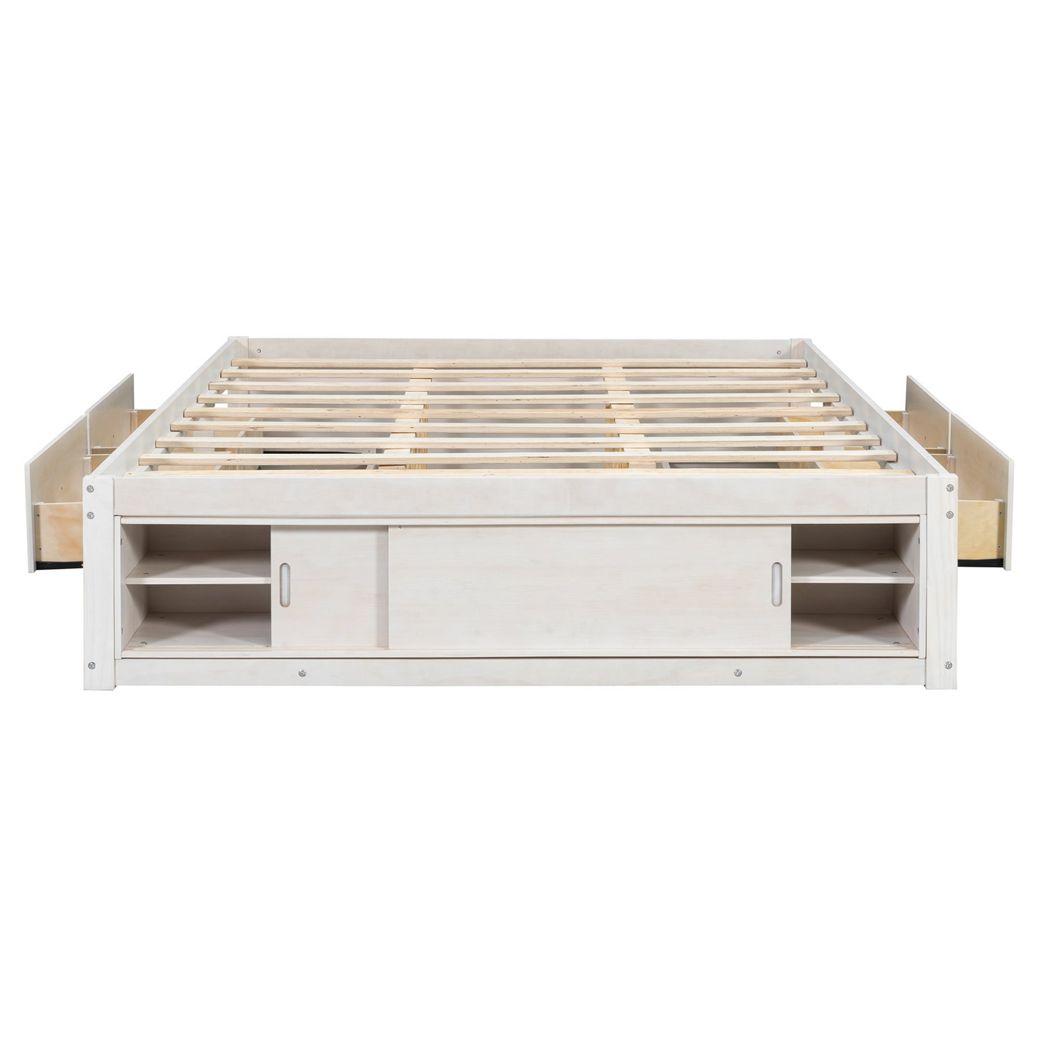 Start2Finish platform bed frame with solid wood and MDF, featuring four storage drawers, footboard cubby, and padded headboard.