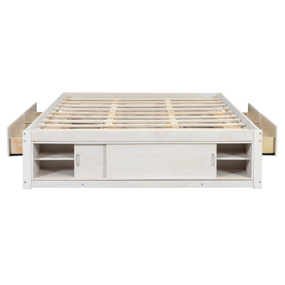 Start2Finish platform bed frame with solid wood and MDF, featuring four storage drawers, footboard cubby, and padded headboard.