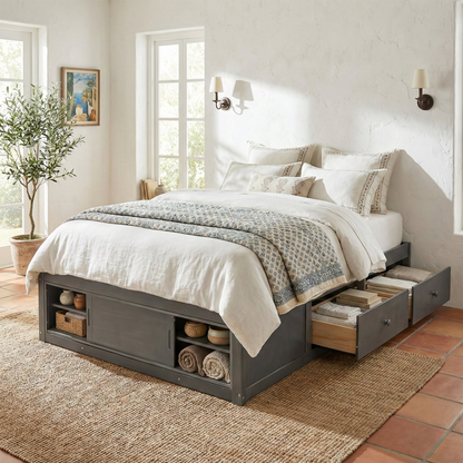 Solid wood and MDF platform bed frame with four storage drawers, footboard cubby, and headboard for bedroom or guest room.