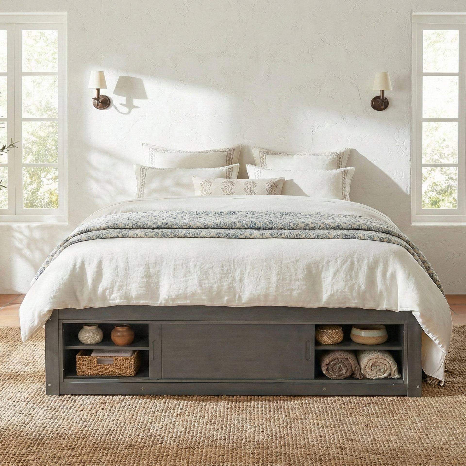 Start2Finish platform bed frame with solid wood and MDF, featuring four storage drawers, footboard cubby, and upholstered headboard.
