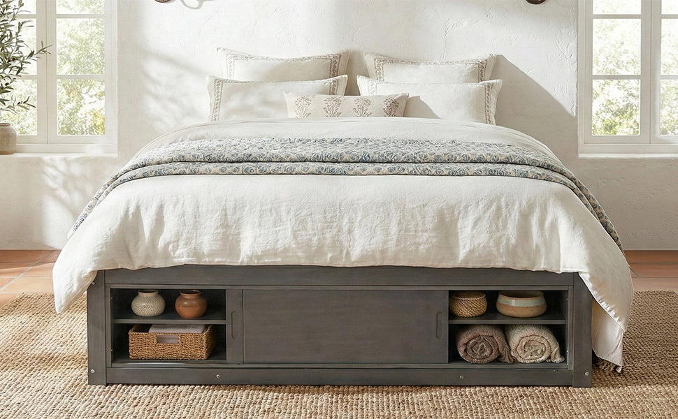 Solid wood platform bed frame with storage drawers, footboard cubby, and headboard, ideal for bedroom or guest room decor.