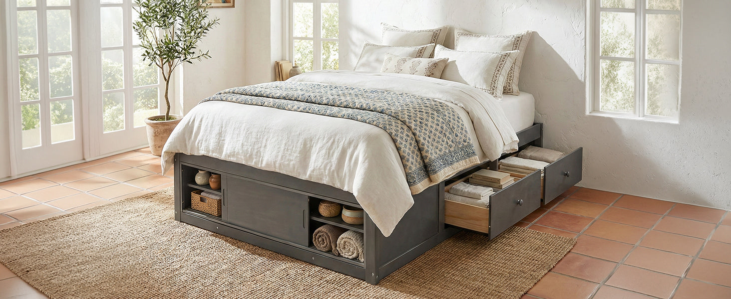 Start2Finish wood platform bed frame with four storage drawers, footboard cubby, and headboard for bedroom or guest room.