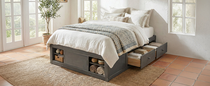 Start2Finish wood platform bed frame with four storage drawers, footboard cubby, and headboard for bedroom or guest room.