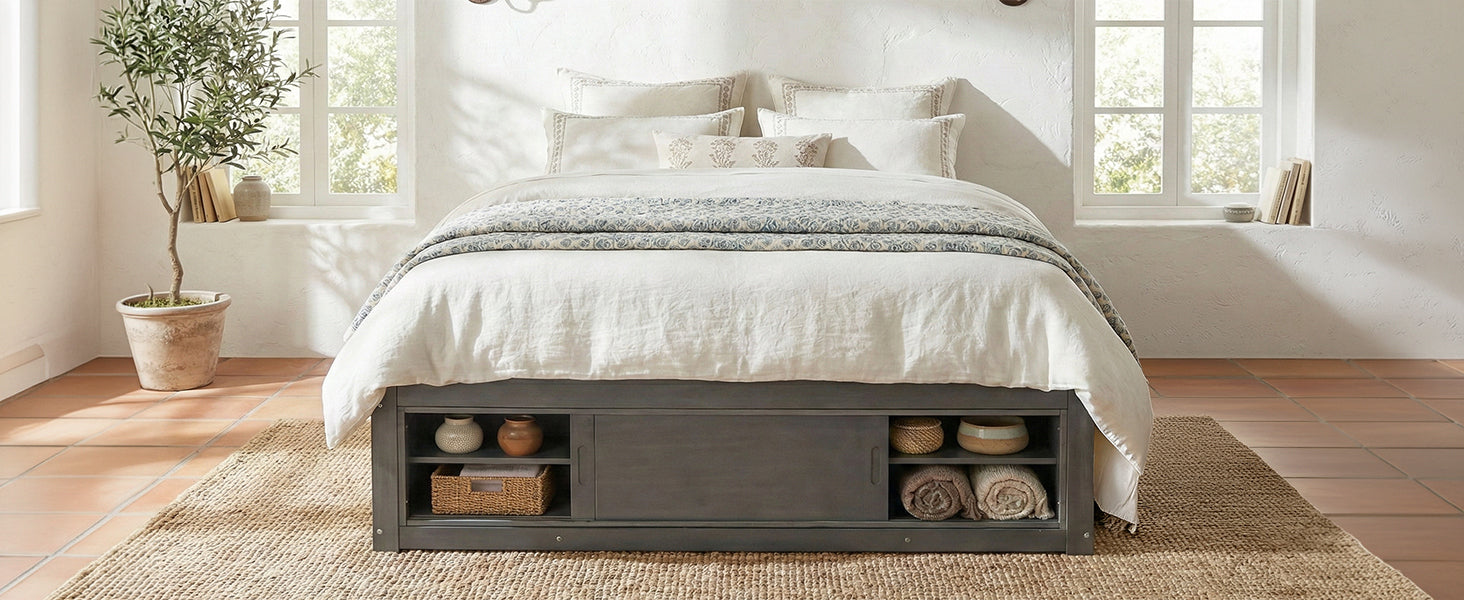 Solid wood and MDF platform bed frame with four storage drawers, footboard cubby, and headboard, ideal for bedroom or guest room.