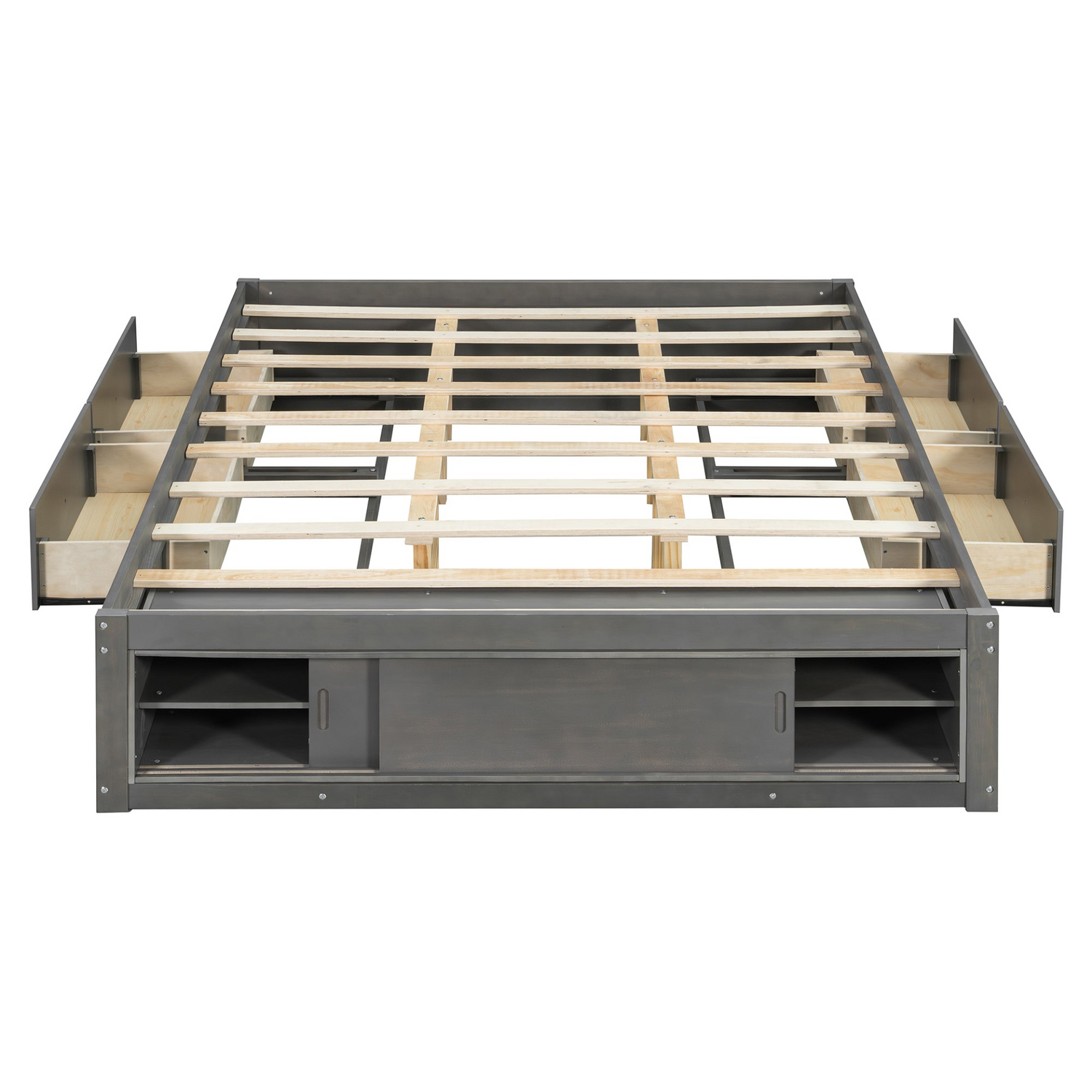Start2Finish platform bed frame in solid wood and MDF with four storage drawers, footboard cubby, and headboard for bedroom.