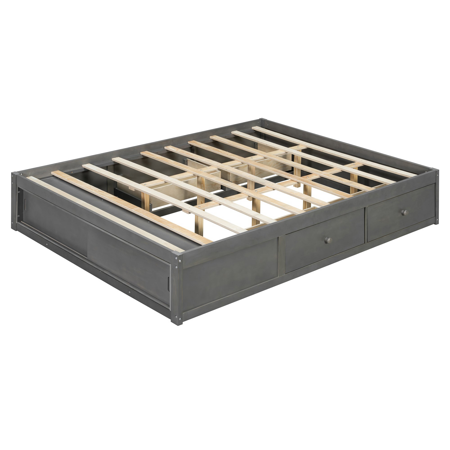 Solid wood platform bed frame with four storage drawers, footboard cubby, and headboard, perfect for bedroom or guest room.