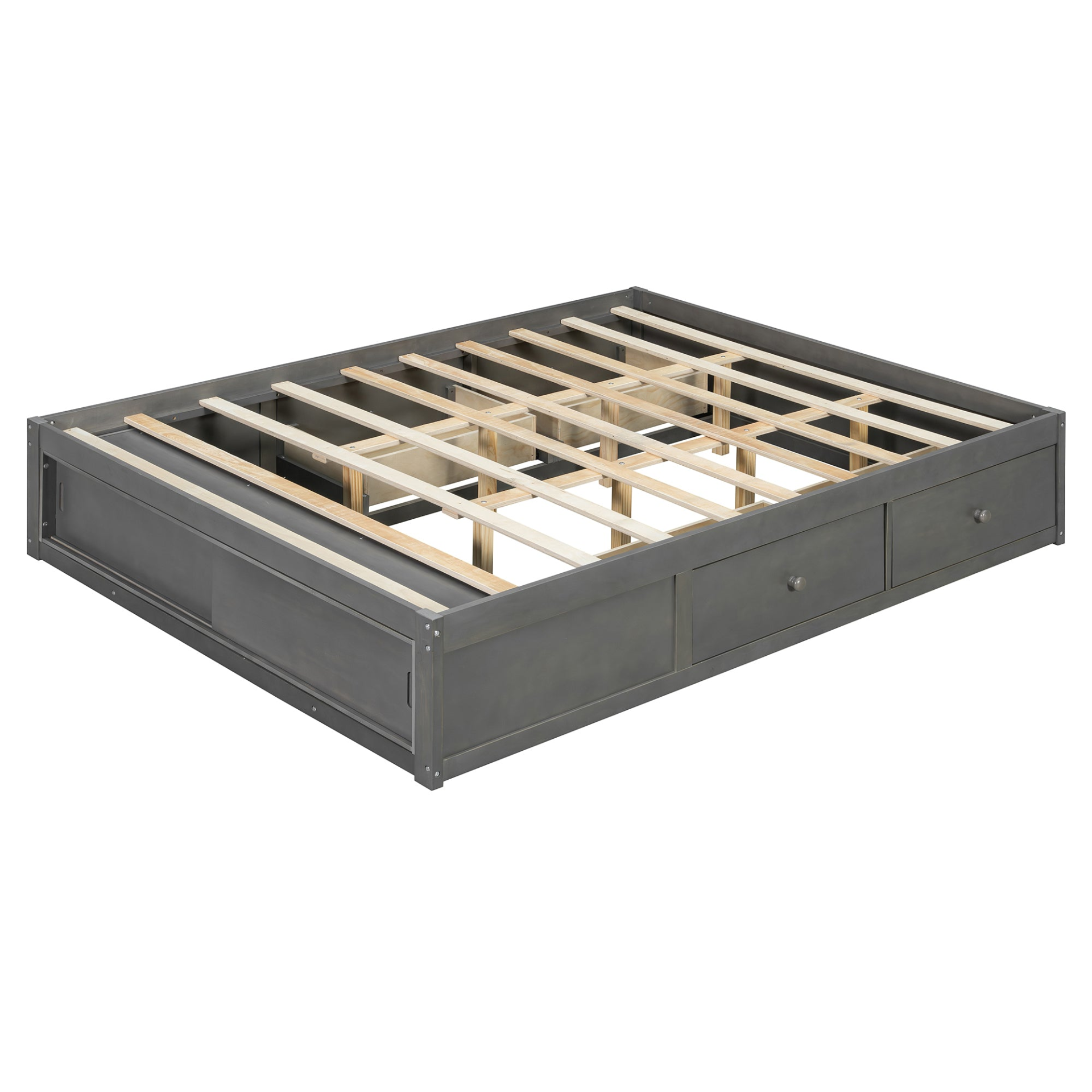Solid wood platform bed frame with four storage drawers, footboard cubby, and headboard, perfect for bedroom or guest room.