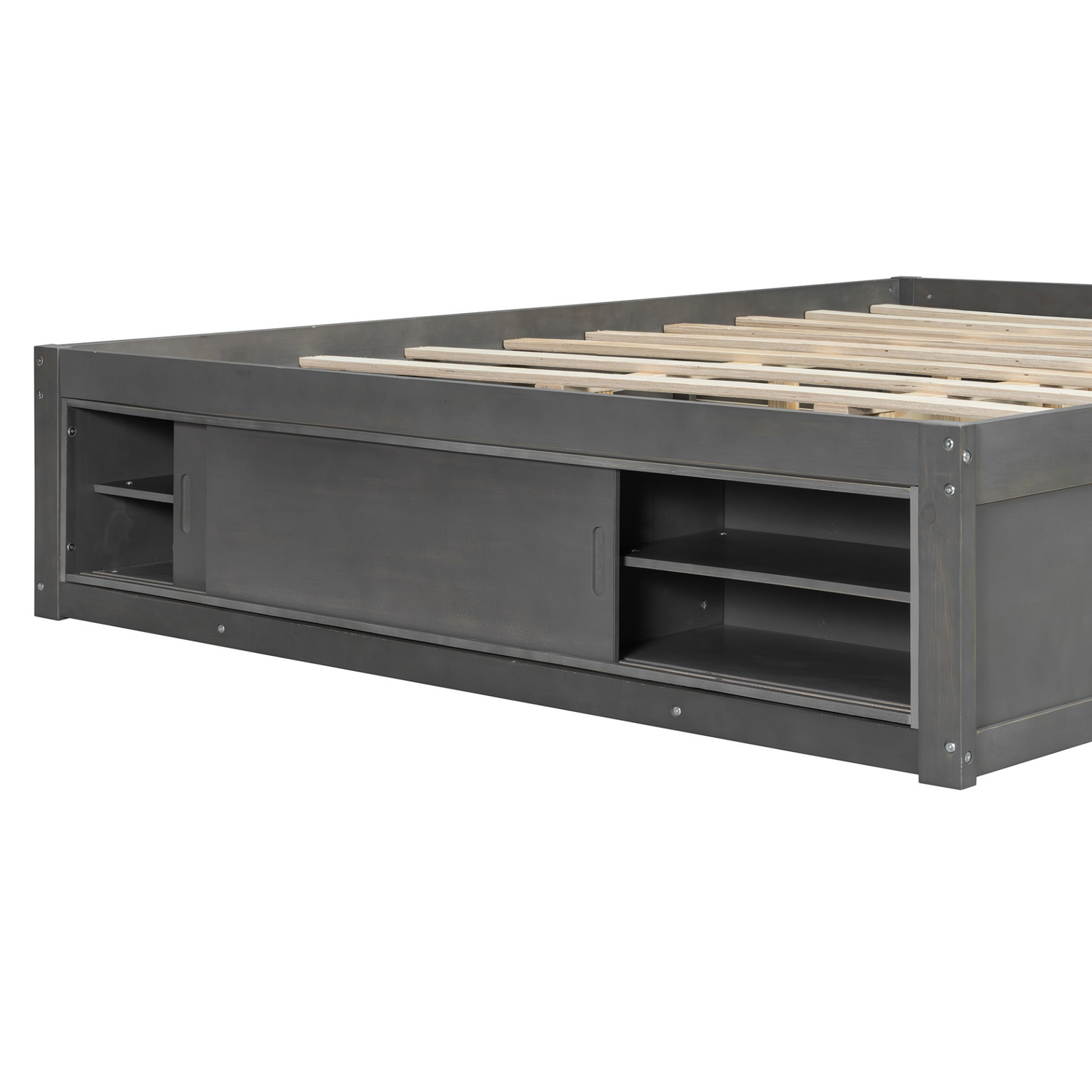 Start2Finish platform bed frame made of solid wood and MDF with four storage drawers, footboard cubby, and upholstered headboard.