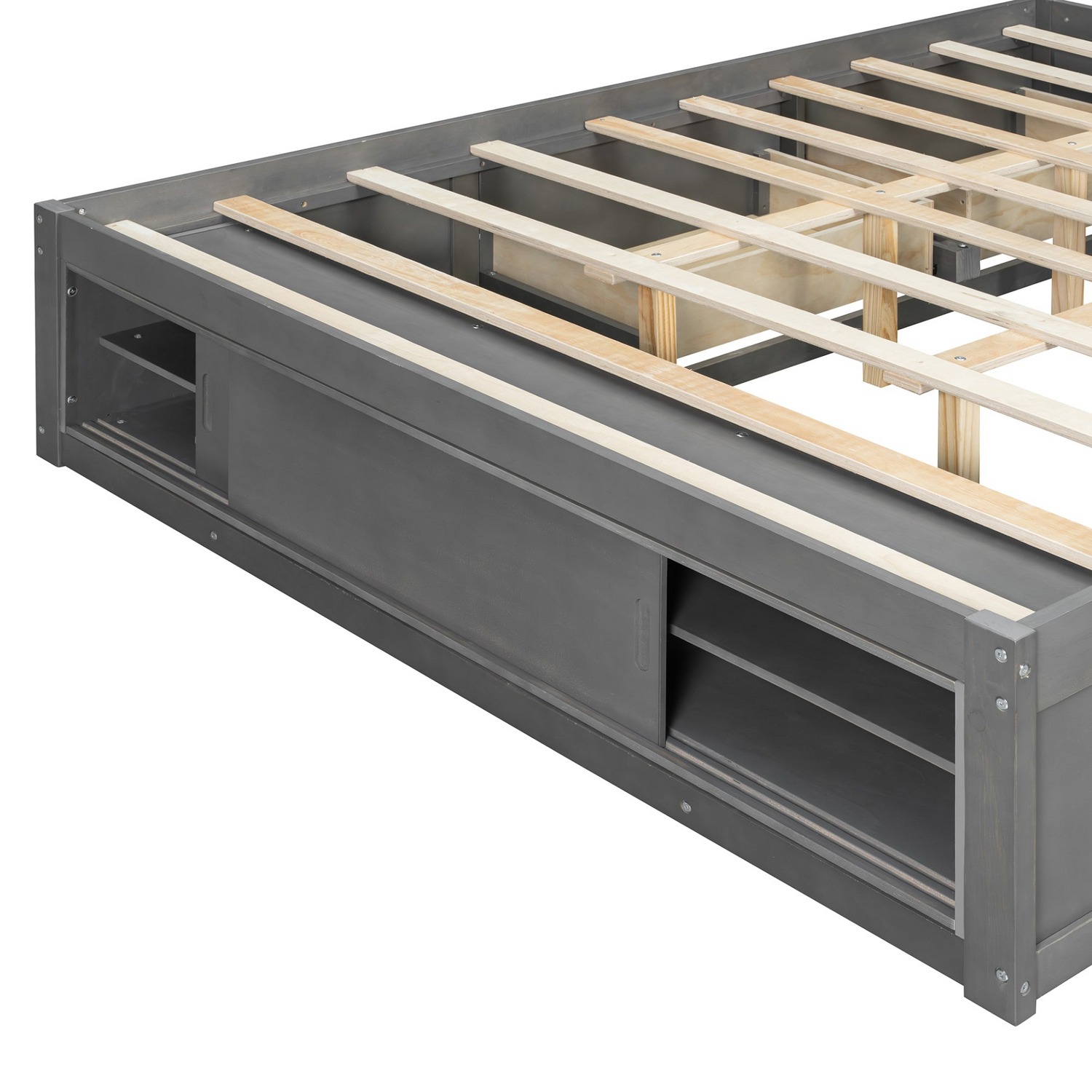 Start2Finish platform bed frame with solid wood and MDF, featuring four storage drawers, footboard cubby, and headboard for bedroom.