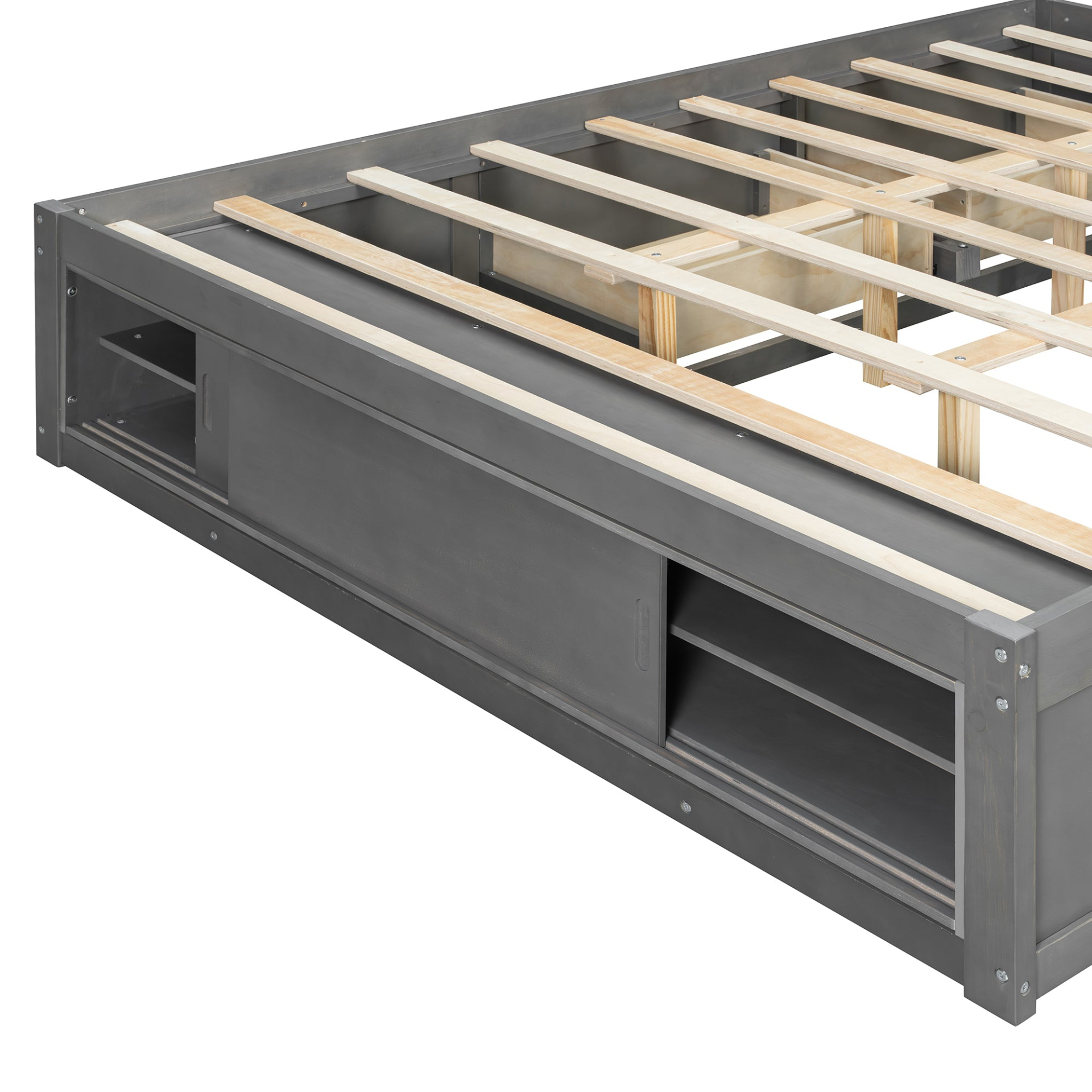 Start2Finish platform bed frame with solid wood and MDF, featuring four storage drawers, footboard cubby, and headboard for bedroom.